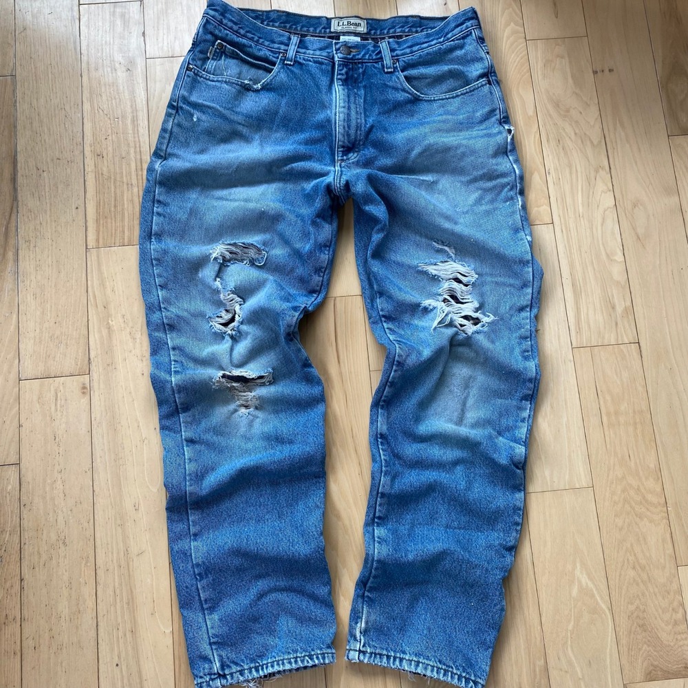 LL Bean Vintage Worn Blue Flannel Lined Jeans Distressed Workwear Denim - 36x34